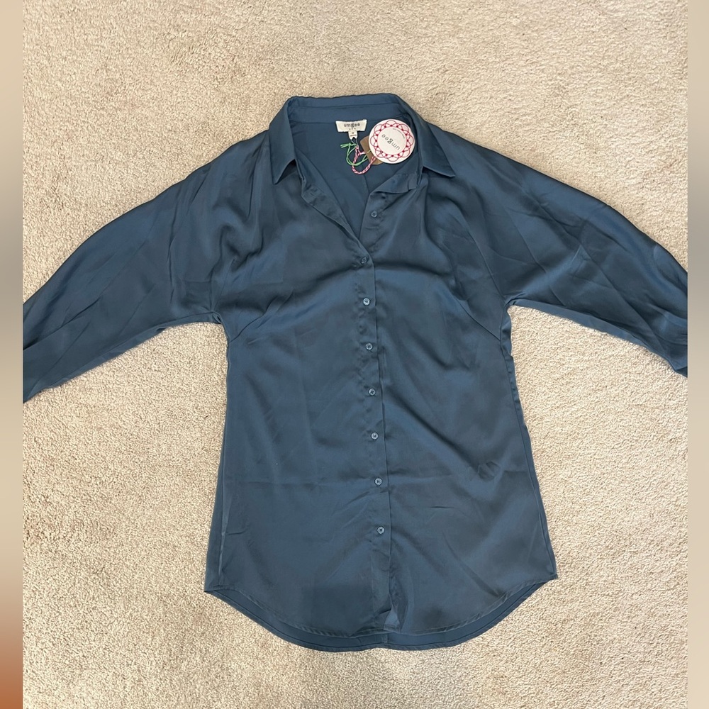 Umgee Slate Satin Blue Button Up Dress